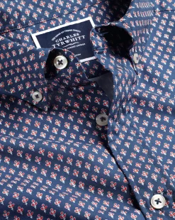 Flash Sale Charles Tyrwhitt Button-Down Collar Non-Iron Stretch Poplin Leaf Print Short Sleeve Shirt - Blue Royal