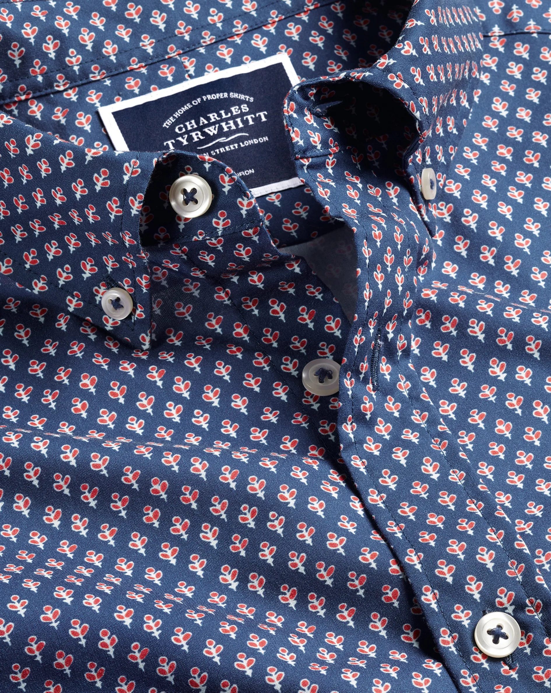 Flash Sale Charles Tyrwhitt Button-Down Collar Non-Iron Stretch Poplin Leaf Print Short Sleeve Shirt - Blue Royal