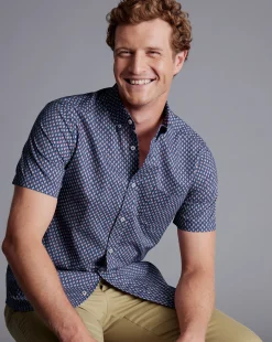 Flash Sale Charles Tyrwhitt Button-Down Collar Non-Iron Stretch Poplin Leaf Print Short Sleeve Shirt - Blue Royal