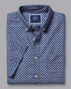 Flash Sale Charles Tyrwhitt Button-Down Collar Non-Iron Stretch Poplin Leaf Print Short Sleeve Shirt - Blue Royal