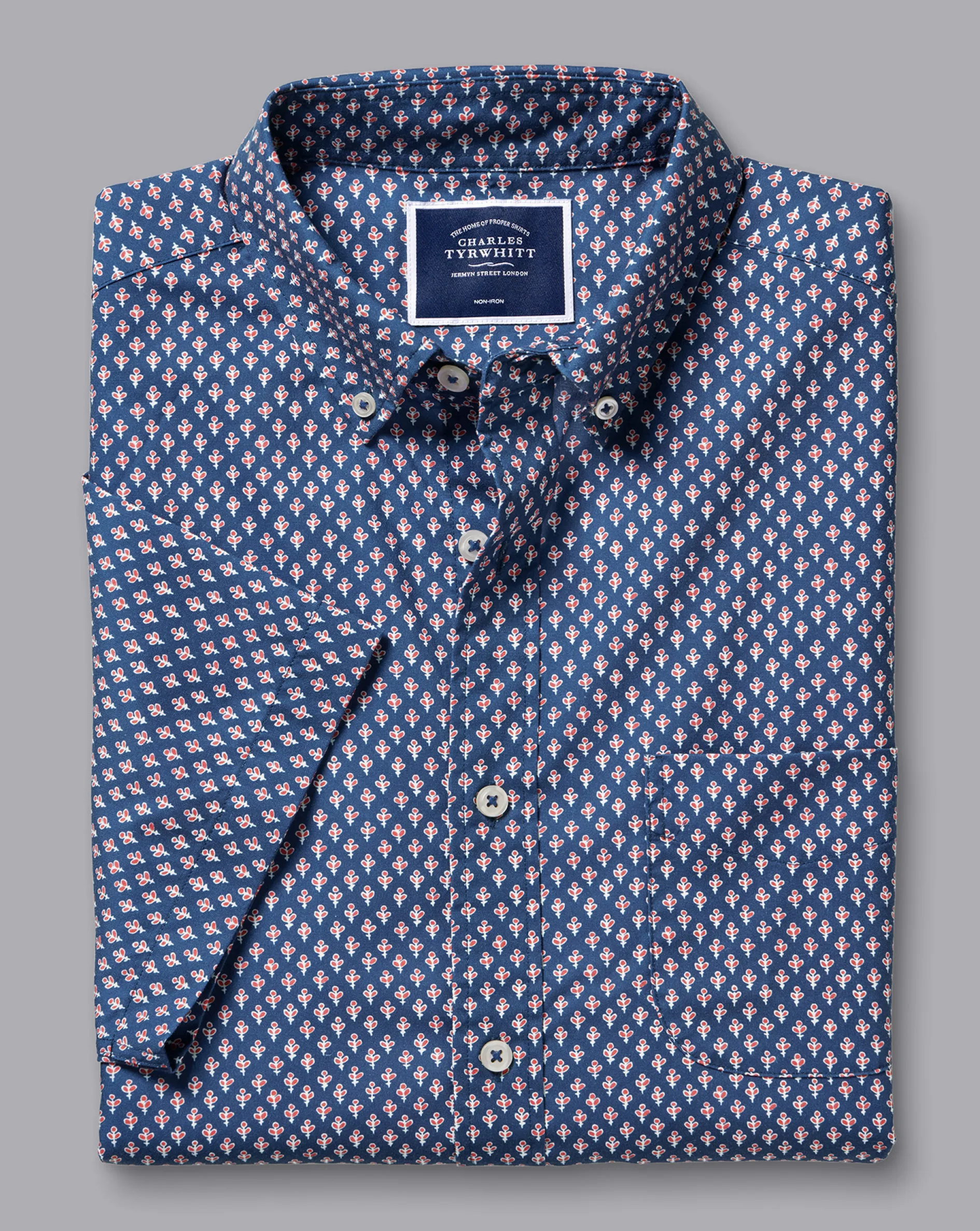 Flash Sale Charles Tyrwhitt Button-Down Collar Non-Iron Stretch Poplin Leaf Print Short Sleeve Shirt - Blue Royal