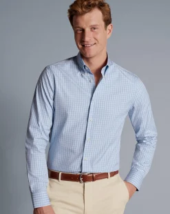 Store Charles Tyrwhitt Button-Down Collar Non-Iron Windowpane Check Shirt - Blue Sky