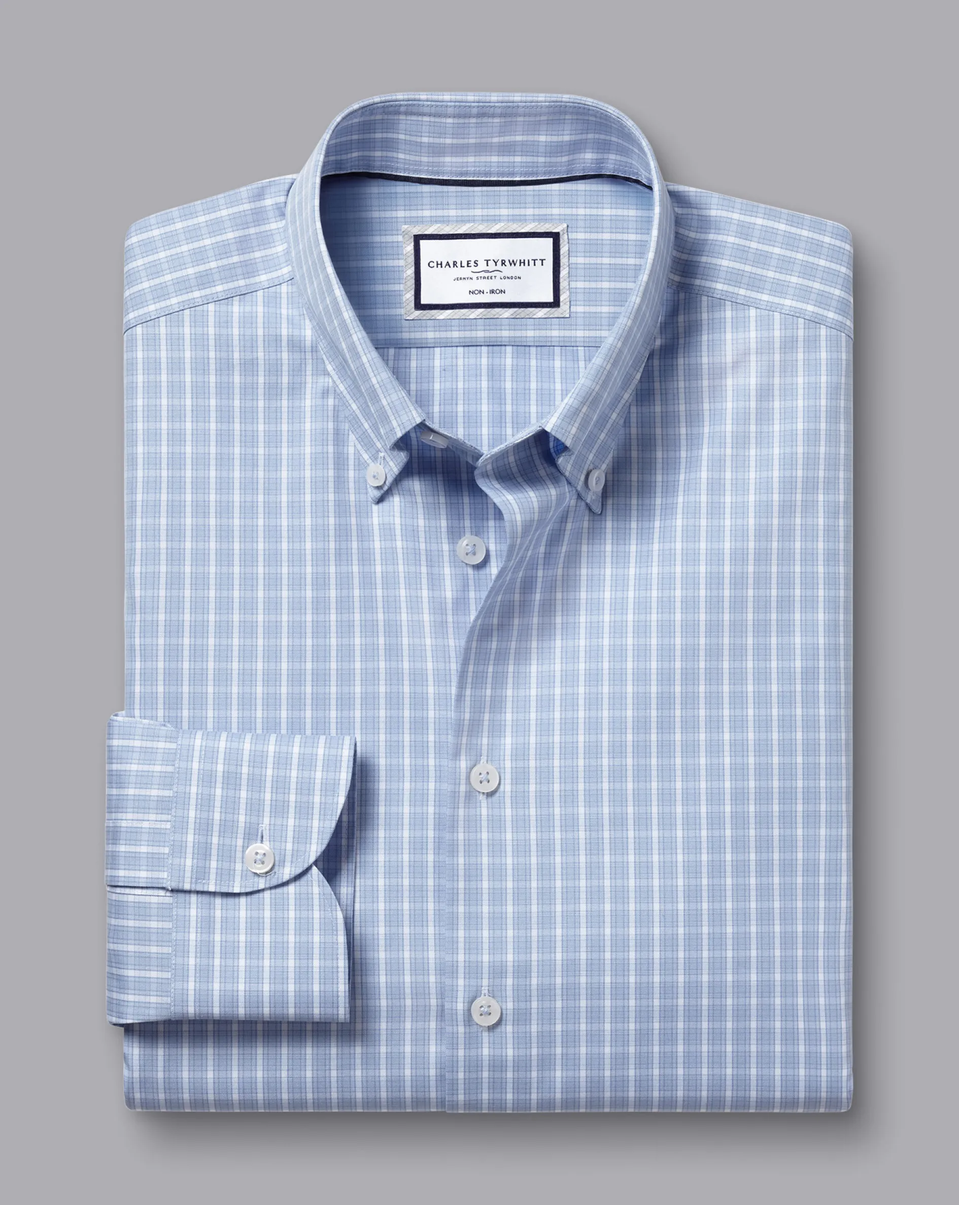 Store Charles Tyrwhitt Button-Down Collar Non-Iron Windowpane Check Shirt - Blue Sky