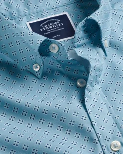 Cheap Charles Tyrwhitt Button-Down Collar Non-Iron Stretch Poplin Diamond Print Short Sleeve Shirt - Green Aqua