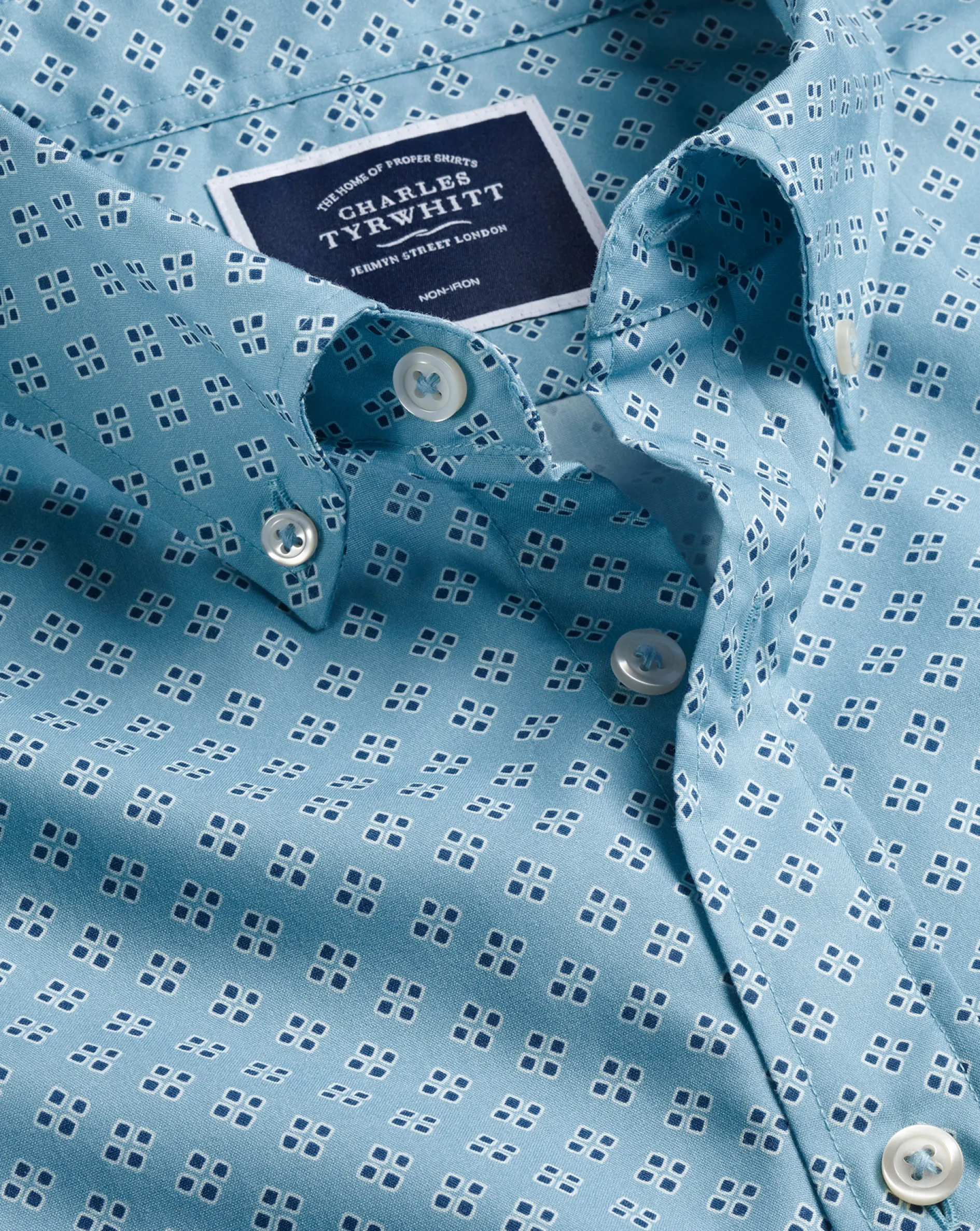 Cheap Charles Tyrwhitt Button-Down Collar Non-Iron Stretch Poplin Diamond Print Short Sleeve Shirt - Green Aqua