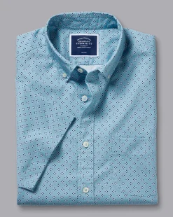 Cheap Charles Tyrwhitt Button-Down Collar Non-Iron Stretch Poplin Diamond Print Short Sleeve Shirt - Green Aqua