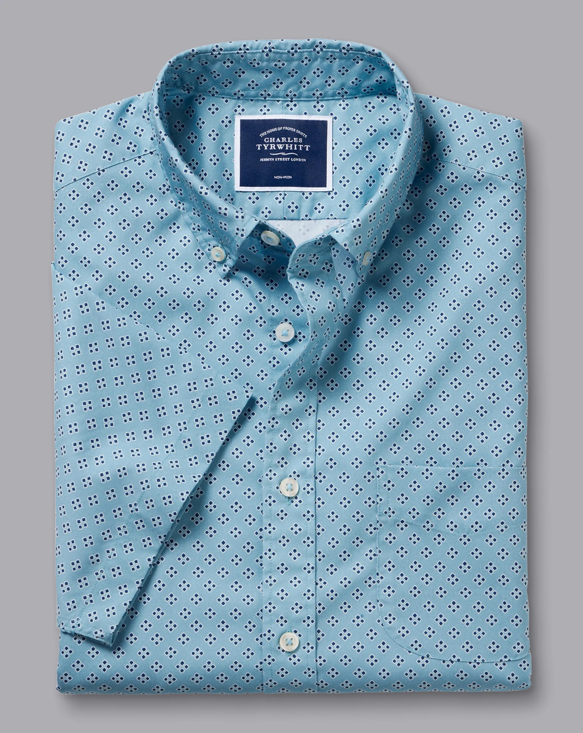 Cheap Charles Tyrwhitt Button-Down Collar Non-Iron Stretch Poplin Diamond Print Short Sleeve Shirt - Green Aqua