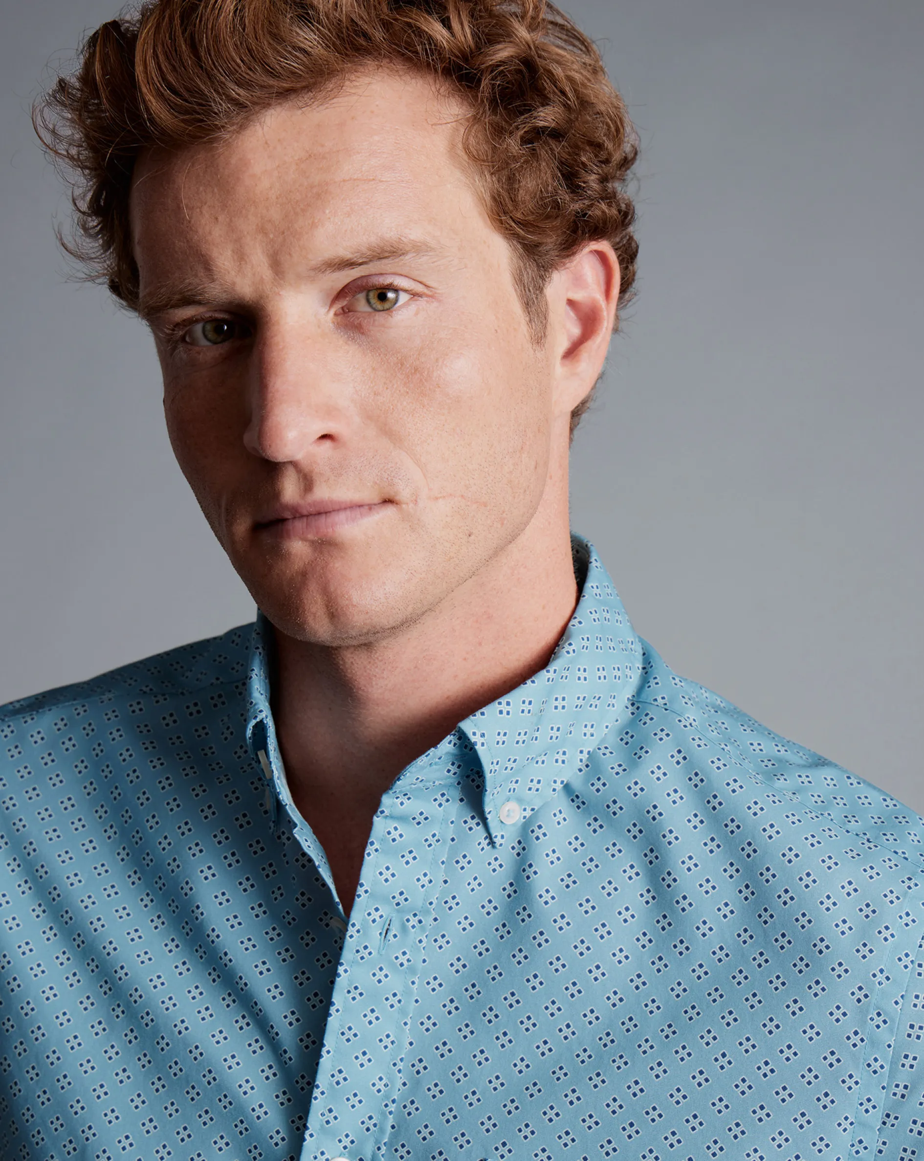 Cheap Charles Tyrwhitt Button-Down Collar Non-Iron Stretch Poplin Diamond Print Short Sleeve Shirt - Green Aqua