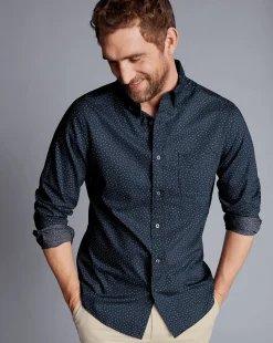 New Charles Tyrwhitt Button-Down Collar Non-Iron Midi Floral Print Shirt - Petrol Blue