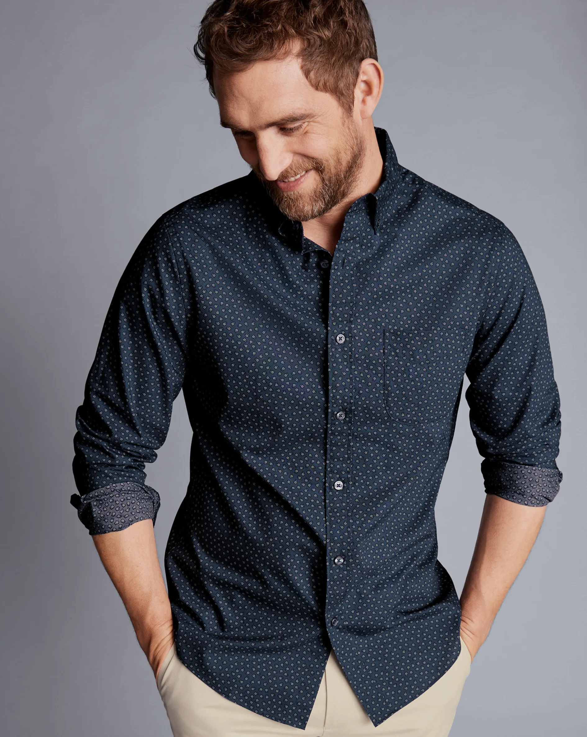 New Charles Tyrwhitt Button-Down Collar Non-Iron Midi Floral Print Shirt - Petrol Blue