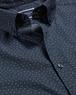 New Charles Tyrwhitt Button-Down Collar Non-Iron Midi Floral Print Shirt - Petrol Blue