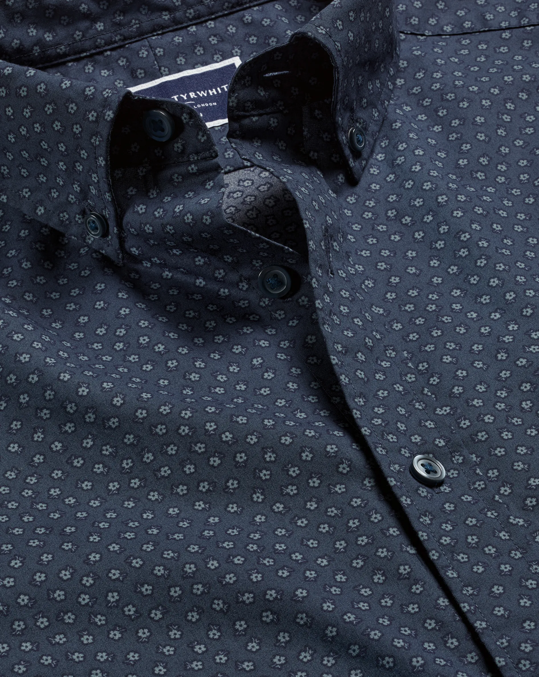 New Charles Tyrwhitt Button-Down Collar Non-Iron Midi Floral Print Shirt - Petrol Blue