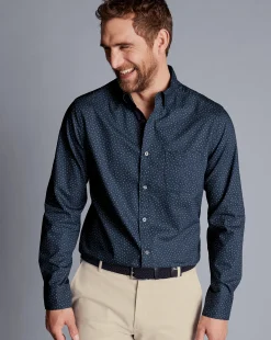 New Charles Tyrwhitt Button-Down Collar Non-Iron Midi Floral Print Shirt - Petrol Blue
