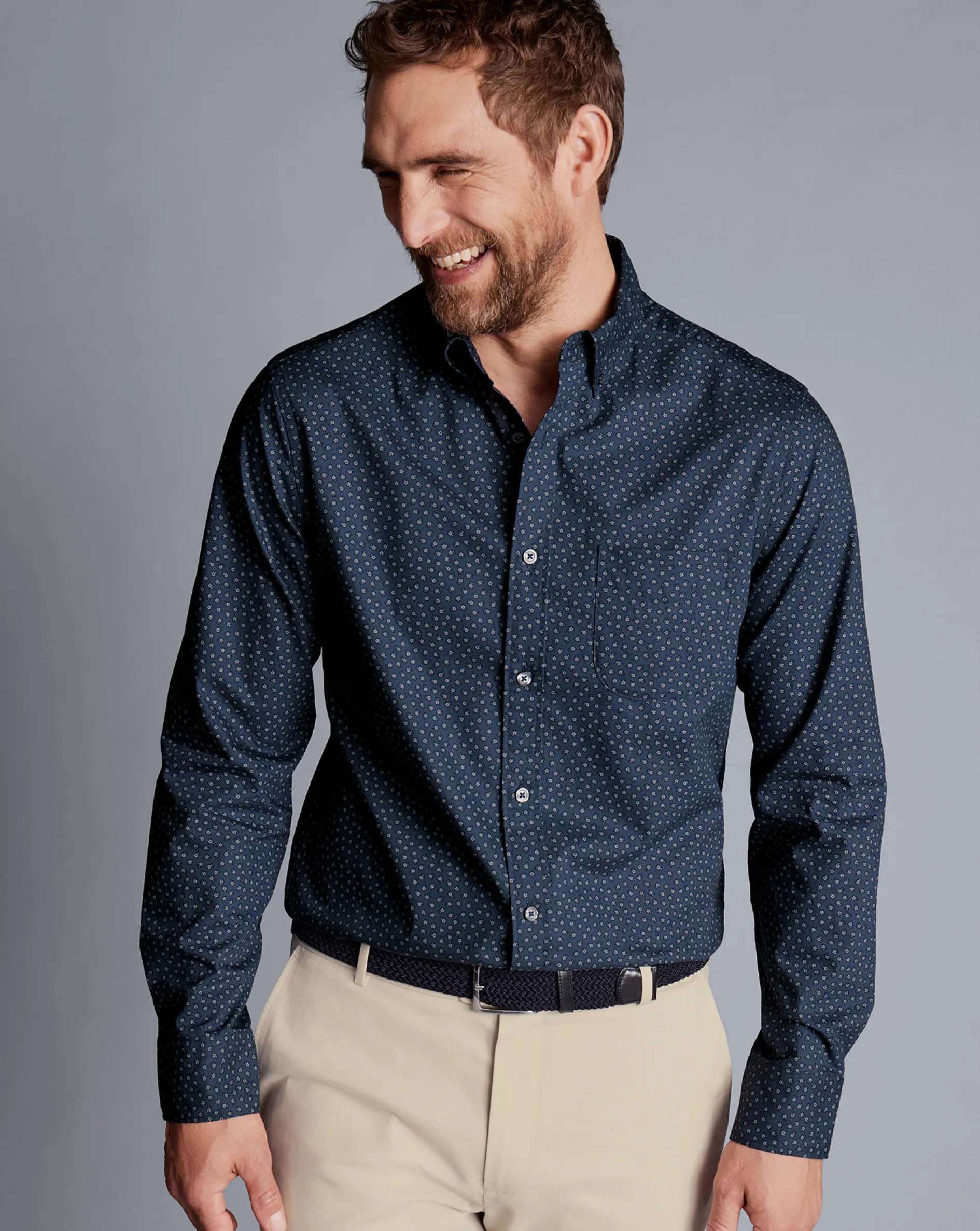 New Charles Tyrwhitt Button-Down Collar Non-Iron Midi Floral Print Shirt - Petrol Blue