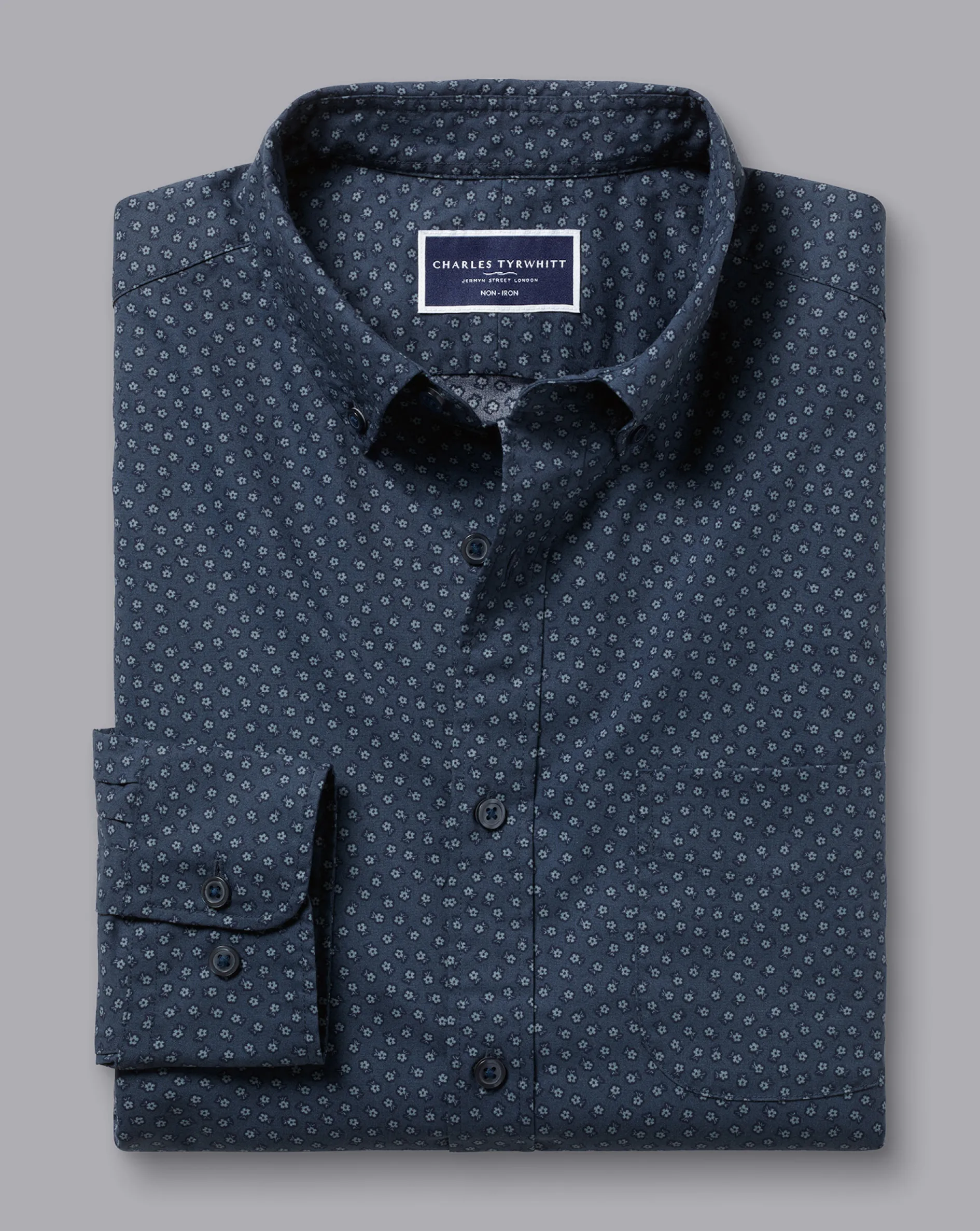 New Charles Tyrwhitt Button-Down Collar Non-Iron Midi Floral Print Shirt - Petrol Blue