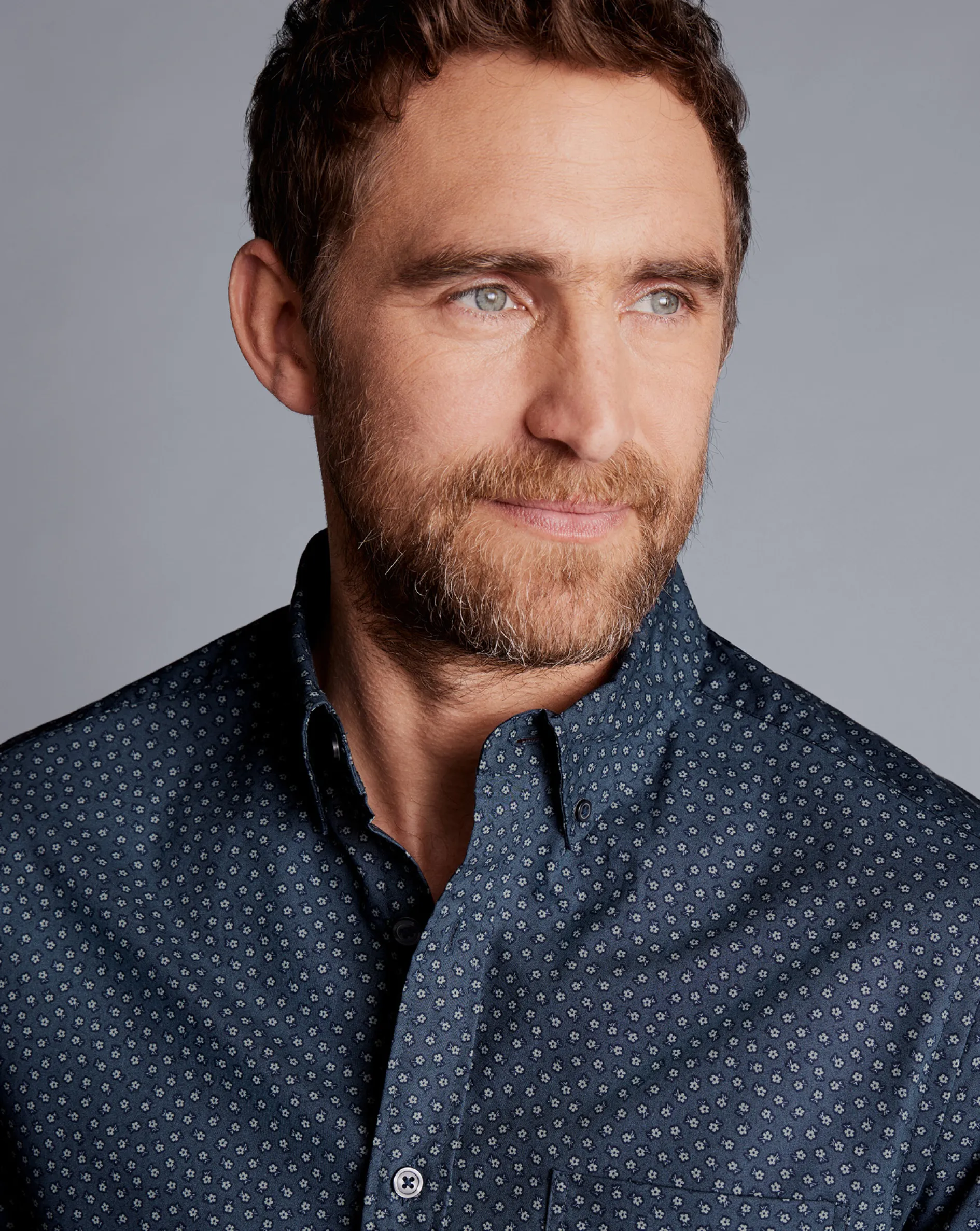New Charles Tyrwhitt Button-Down Collar Non-Iron Midi Floral Print Shirt - Petrol Blue