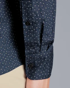 New Charles Tyrwhitt Button-Down Collar Non-Iron Midi Floral Print Shirt - Petrol Blue