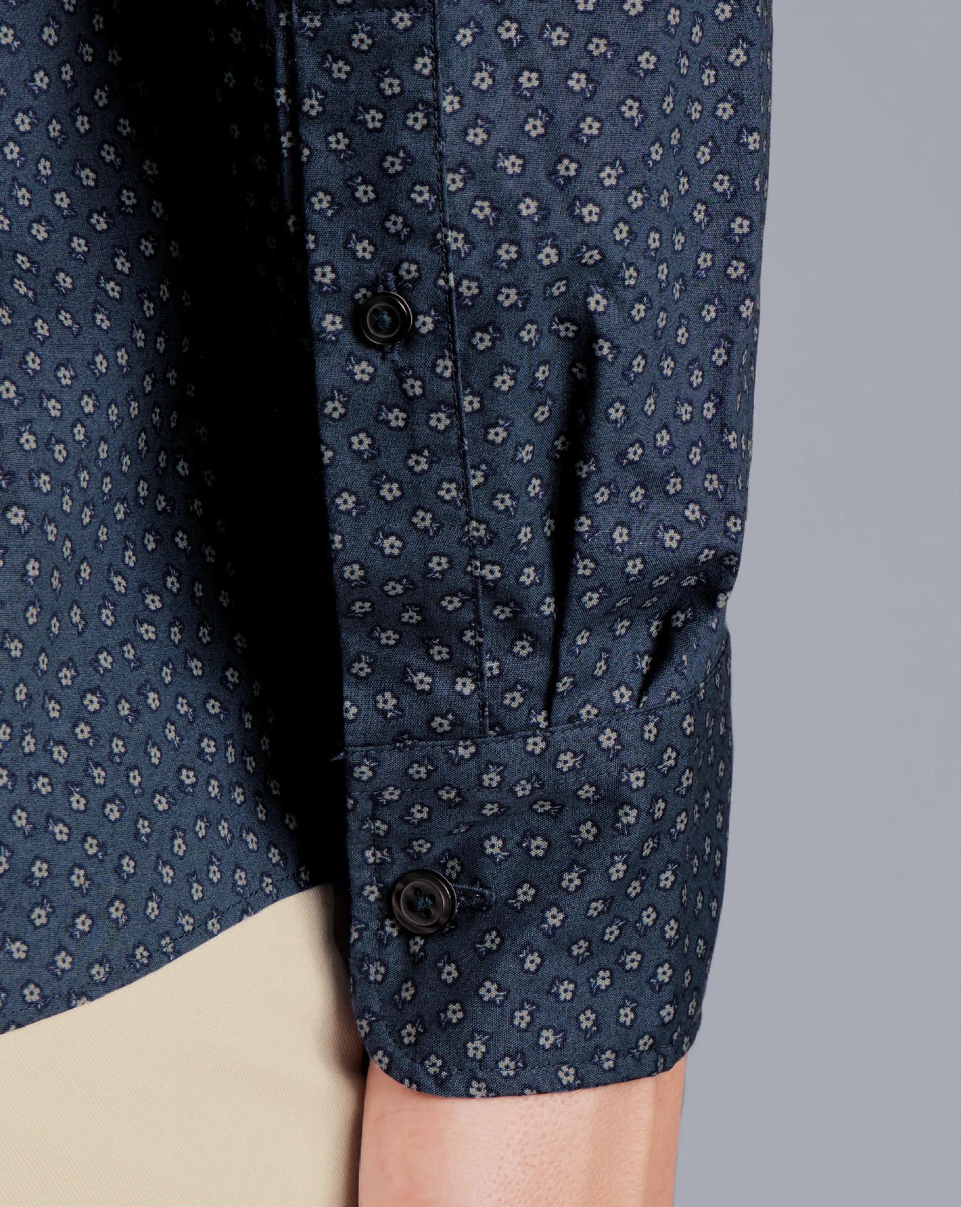 New Charles Tyrwhitt Button-Down Collar Non-Iron Midi Floral Print Shirt - Petrol Blue