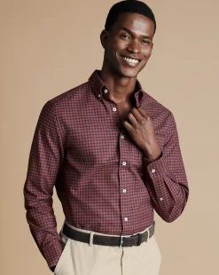 New Charles Tyrwhitt Button-Down Collar Non-Iron Twill Gingham Shirt - Salmon Pink
