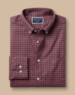 New Charles Tyrwhitt Button-Down Collar Non-Iron Twill Gingham Shirt - Salmon Pink