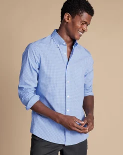 New Charles Tyrwhitt Button-Down Collar Non-Iron Stretch Poplin Mini Gingham Check Shirt - Ocean Blue