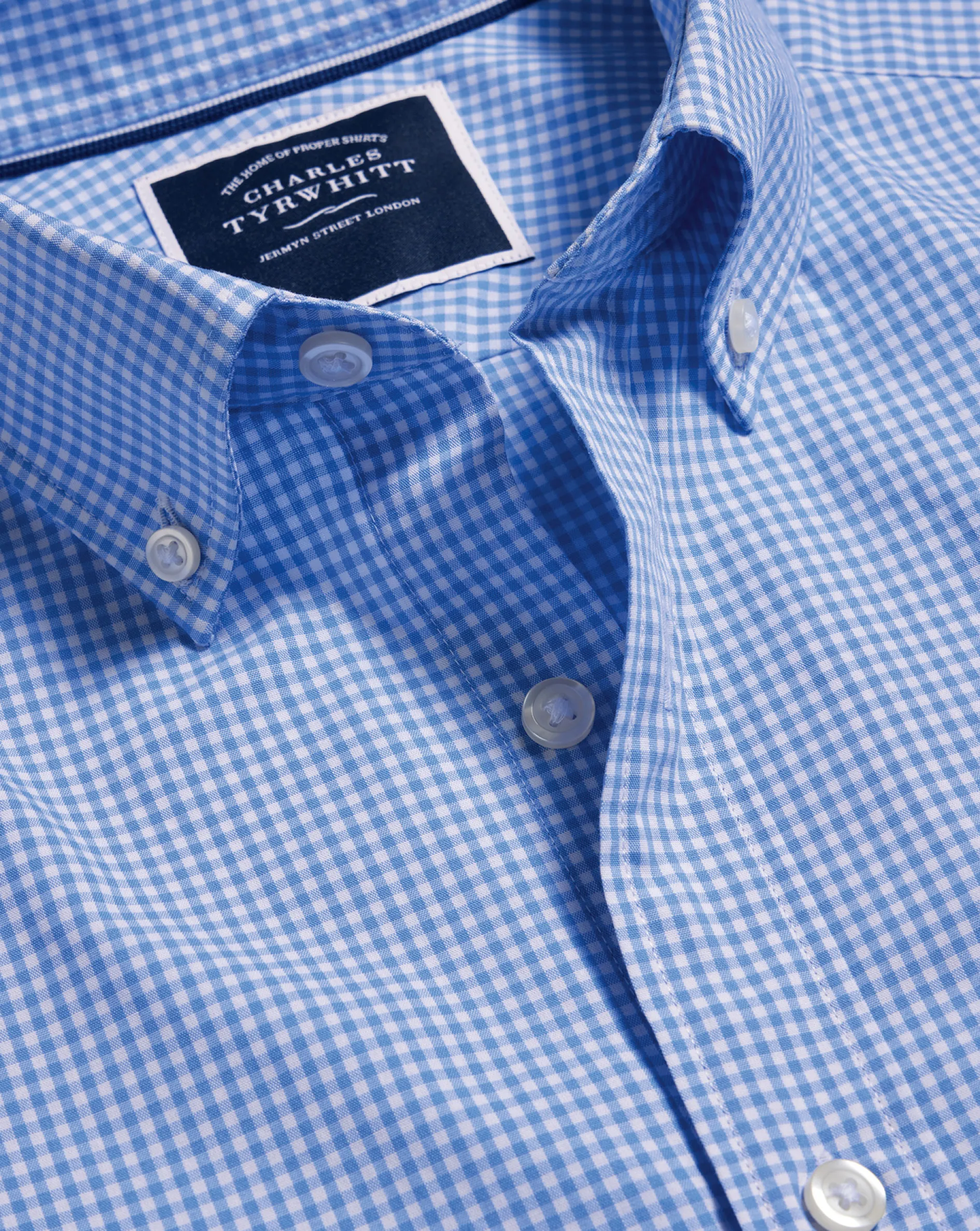New Charles Tyrwhitt Button-Down Collar Non-Iron Stretch Poplin Mini Gingham Check Shirt - Ocean Blue