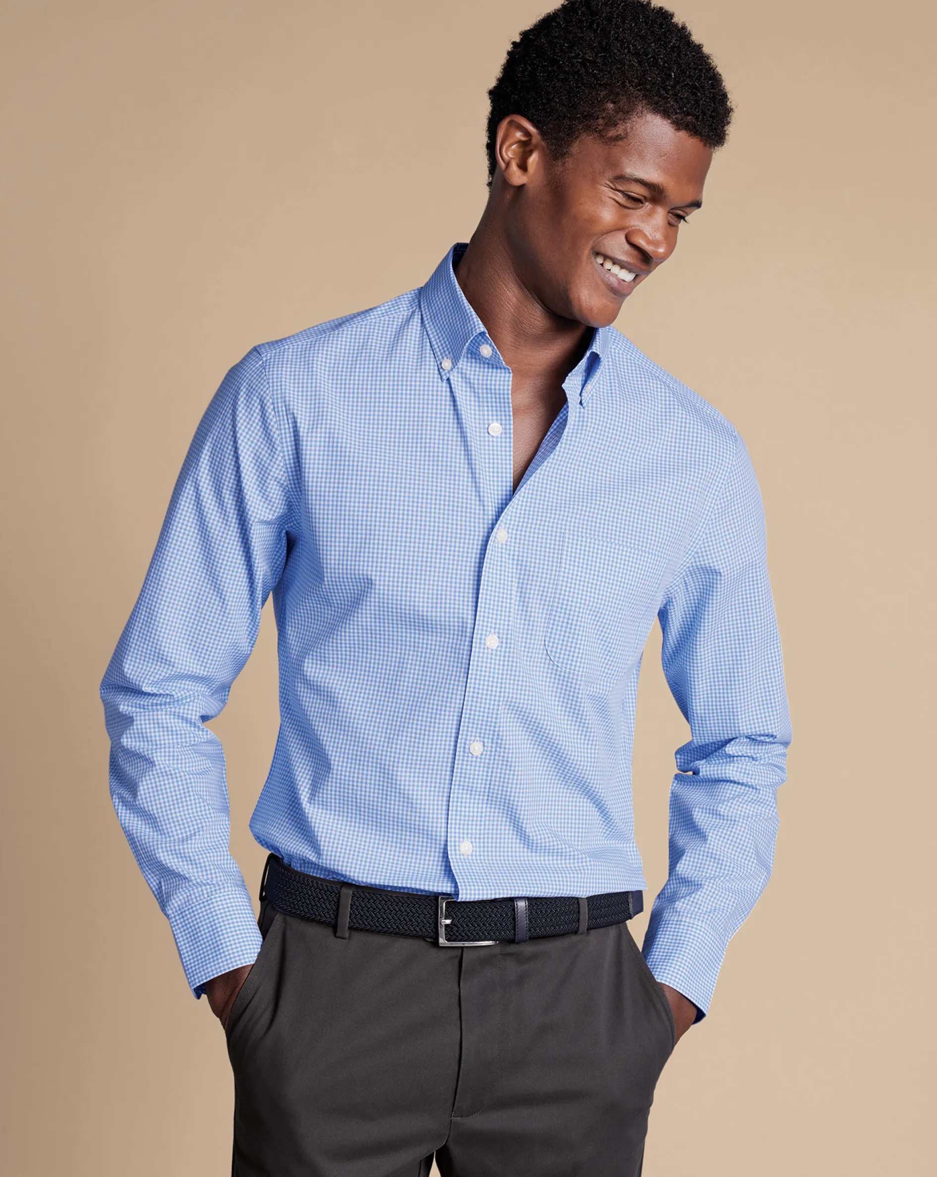 New Charles Tyrwhitt Button-Down Collar Non-Iron Stretch Poplin Mini Gingham Check Shirt - Ocean Blue
