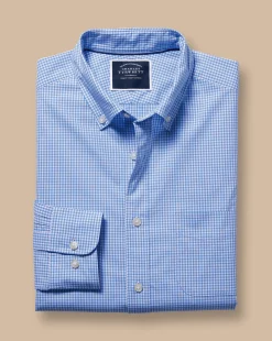 New Charles Tyrwhitt Button-Down Collar Non-Iron Stretch Poplin Mini Gingham Check Shirt - Ocean Blue