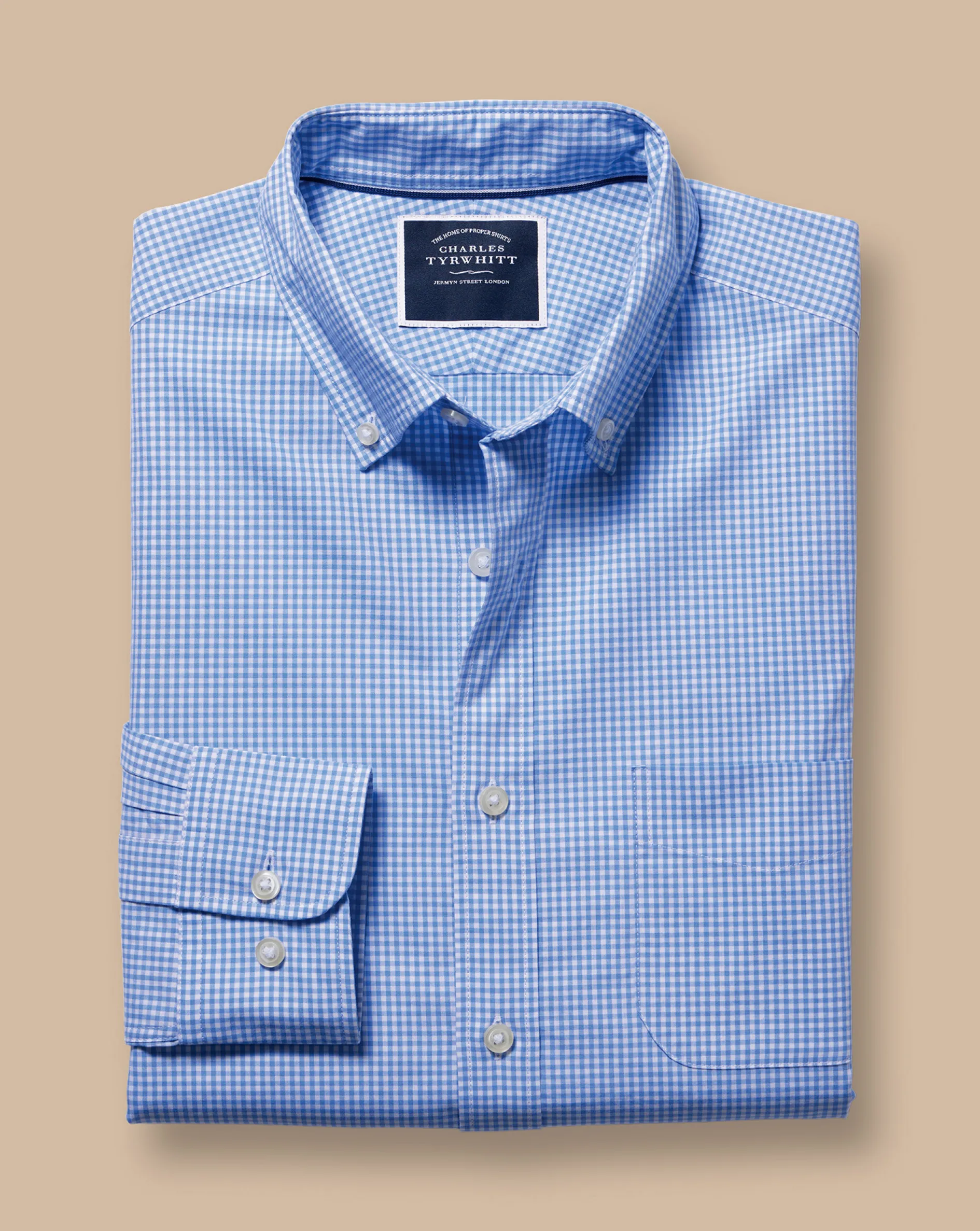 New Charles Tyrwhitt Button-Down Collar Non-Iron Stretch Poplin Mini Gingham Check Shirt - Ocean Blue