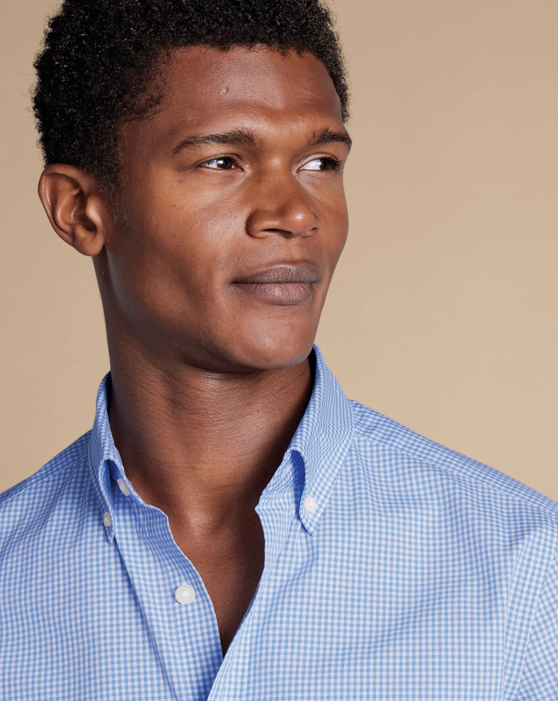 New Charles Tyrwhitt Button-Down Collar Non-Iron Stretch Poplin Mini Gingham Check Shirt - Ocean Blue
