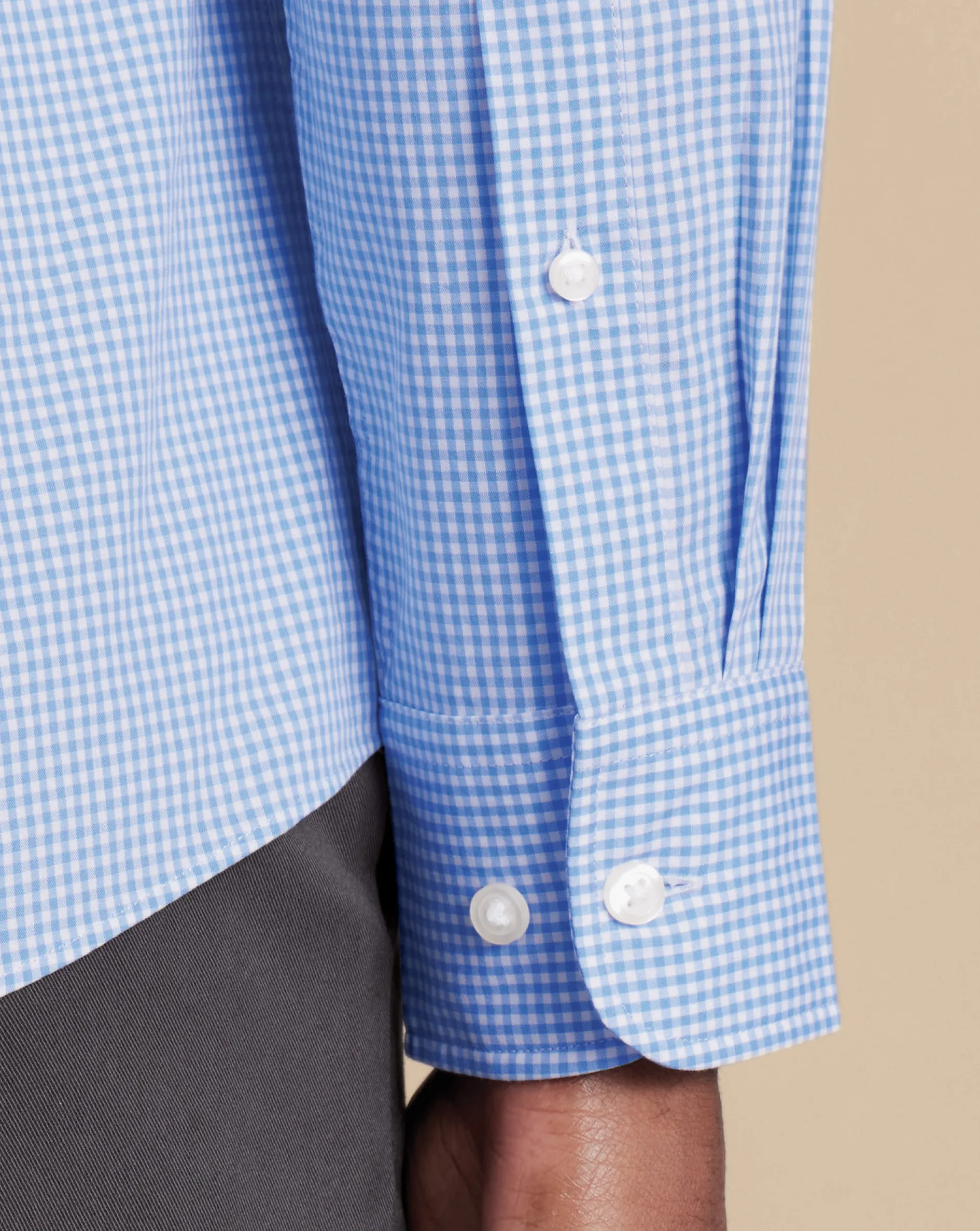 New Charles Tyrwhitt Button-Down Collar Non-Iron Stretch Poplin Mini Gingham Check Shirt - Ocean Blue