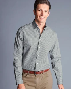 Outlet Charles Tyrwhitt Button-Down Collar Non-Iron Gingham Check Shirt - Green Olive
