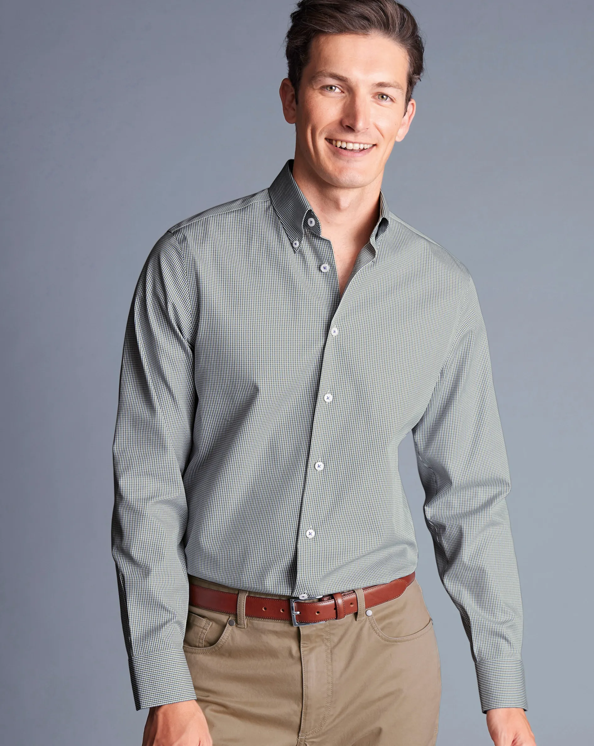 Outlet Charles Tyrwhitt Button-Down Collar Non-Iron Gingham Check Shirt - Green Olive