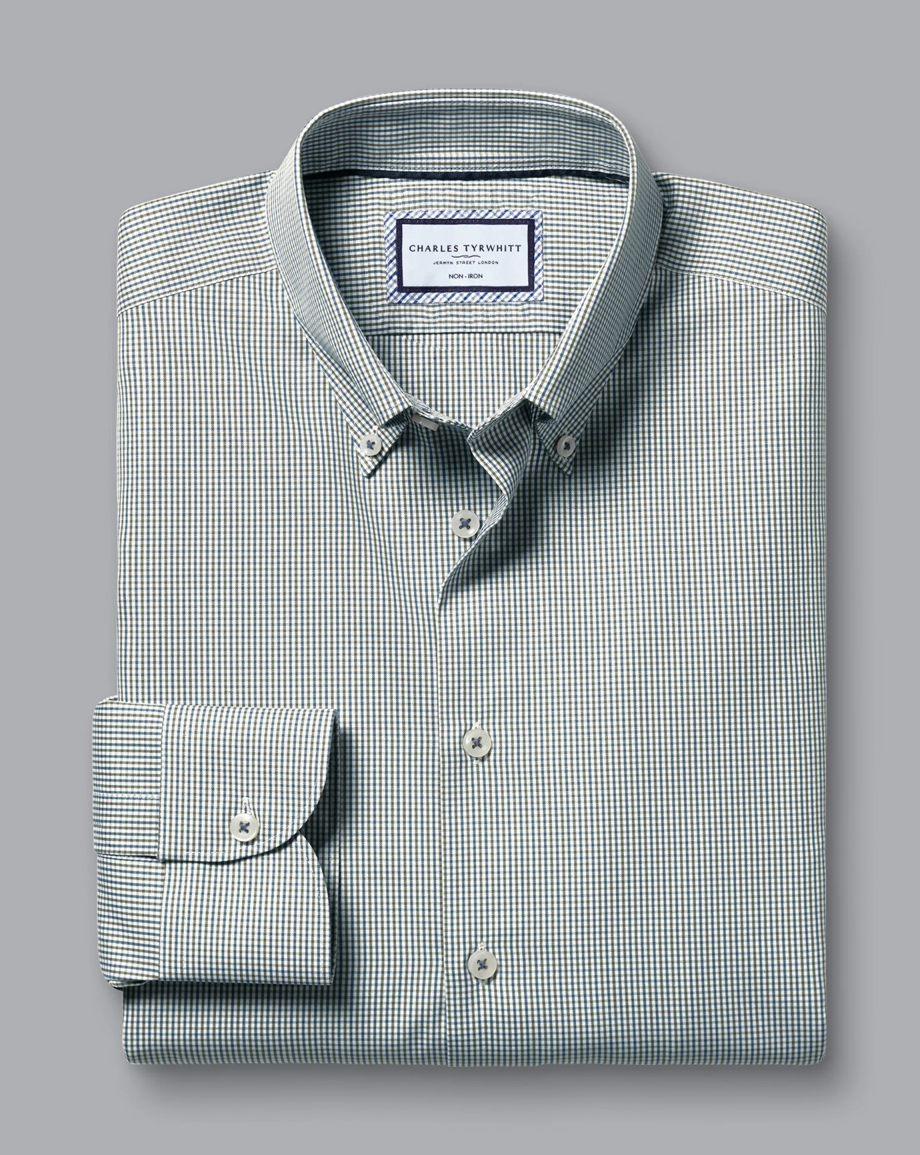 Outlet Charles Tyrwhitt Button-Down Collar Non-Iron Gingham Check Shirt - Green Olive