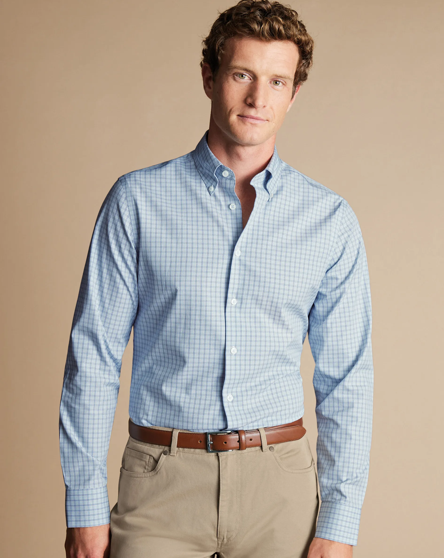 Hot Charles Tyrwhitt Button-Down Collar Non-Iron Check Oxford Shirt - Mid Blue
