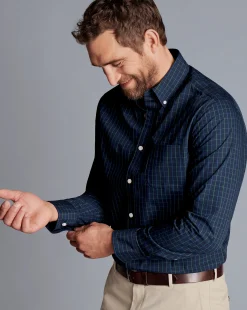 Fashion Charles Tyrwhitt Button-Down Collar Non-Iron Stretch Poplin Check Shirt - Dark Navy