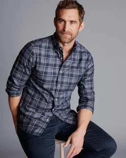 New Charles Tyrwhitt Button-Down Collar Non-Iron Twill Windowpane Shirt - Heather Blue