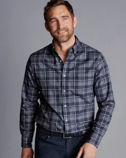New Charles Tyrwhitt Button-Down Collar Non-Iron Twill Windowpane Shirt - Heather Blue