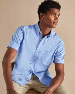 Sale Charles Tyrwhitt Button-Down Collar Non-Iron Stretch Mini Gingham Short Sleeve Shirt - Ocean Blue
