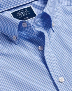 Sale Charles Tyrwhitt Button-Down Collar Non-Iron Stretch Mini Gingham Short Sleeve Shirt - Ocean Blue