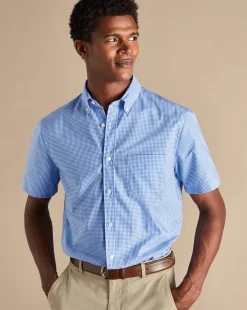 Sale Charles Tyrwhitt Button-Down Collar Non-Iron Stretch Mini Gingham Short Sleeve Shirt - Ocean Blue