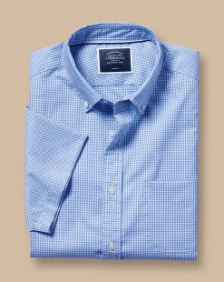 Sale Charles Tyrwhitt Button-Down Collar Non-Iron Stretch Mini Gingham Short Sleeve Shirt - Ocean Blue
