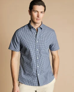 Best Charles Tyrwhitt Button-Down Collar Non-Iron Stretch Mini Gingham Short Sleeve Shirt - French Blue