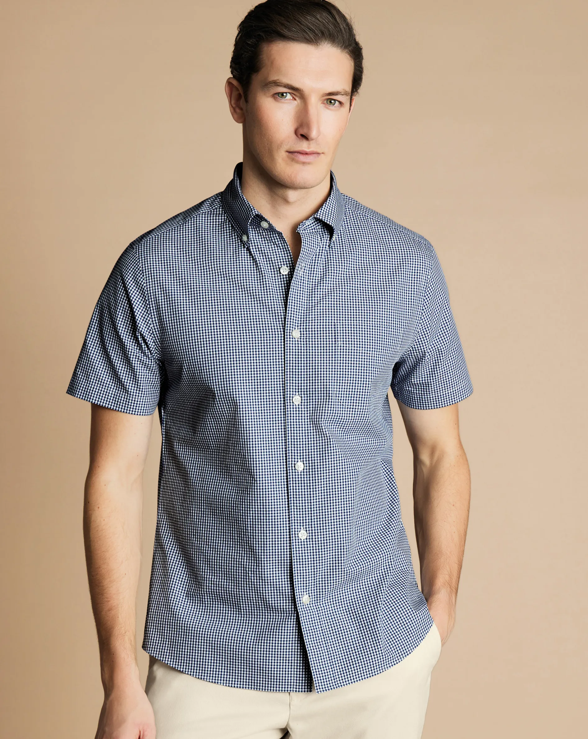 Best Charles Tyrwhitt Button-Down Collar Non-Iron Stretch Mini Gingham Short Sleeve Shirt - French Blue
