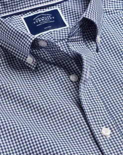 Best Charles Tyrwhitt Button-Down Collar Non-Iron Stretch Mini Gingham Short Sleeve Shirt - French Blue