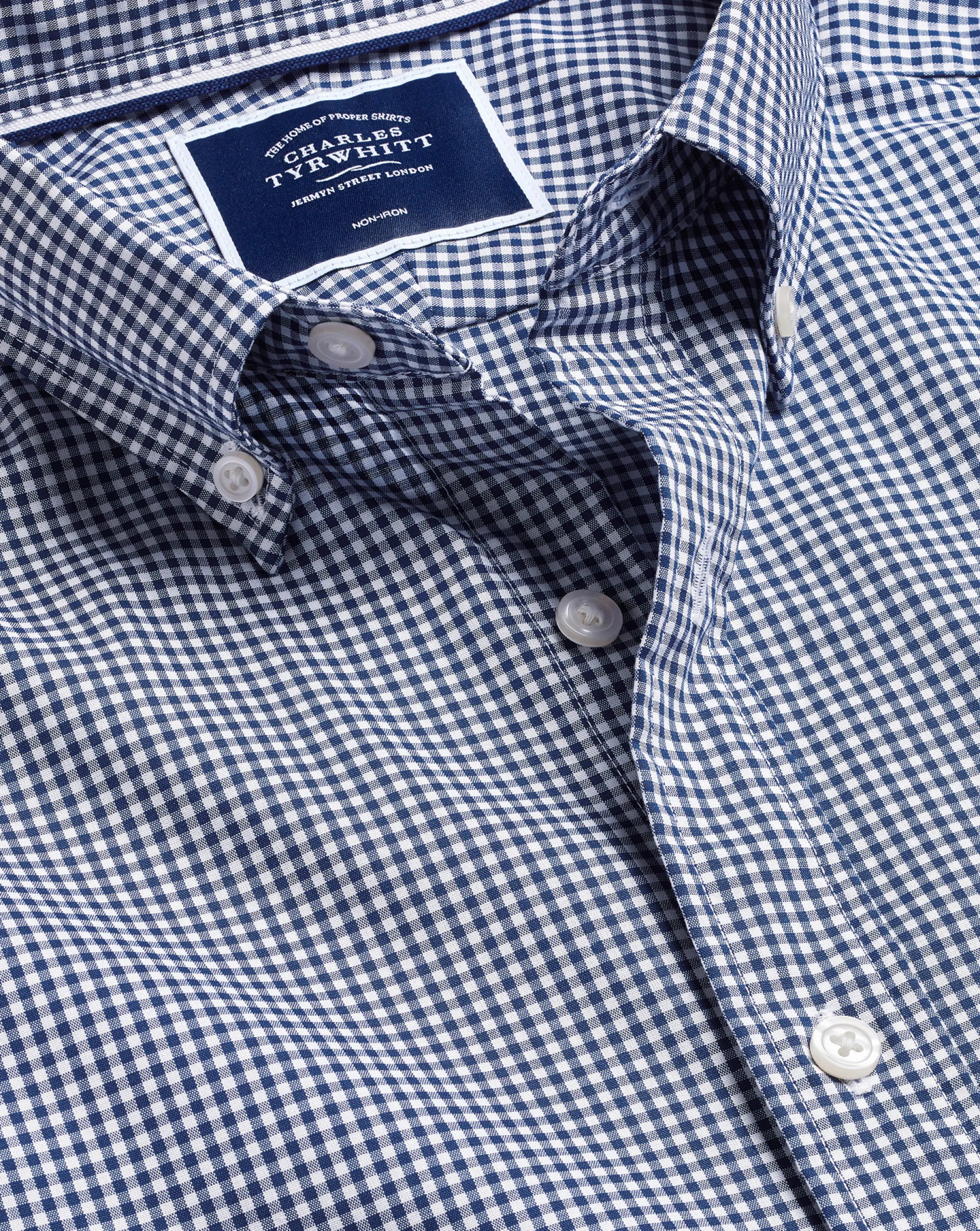 Best Charles Tyrwhitt Button-Down Collar Non-Iron Stretch Mini Gingham Short Sleeve Shirt - French Blue