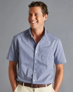 Best Charles Tyrwhitt Button-Down Collar Non-Iron Stretch Mini Gingham Short Sleeve Shirt - French Blue
