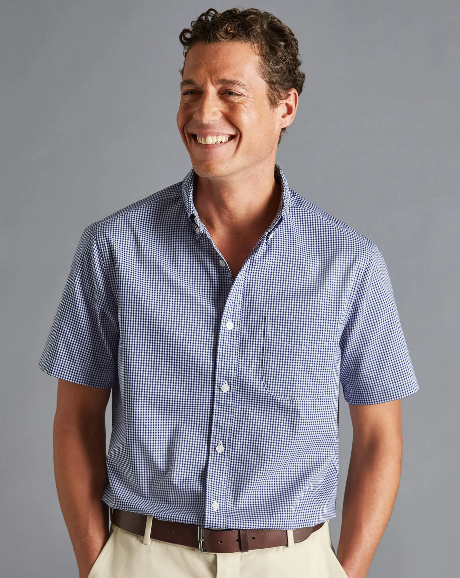 Best Charles Tyrwhitt Button-Down Collar Non-Iron Stretch Mini Gingham Short Sleeve Shirt - French Blue