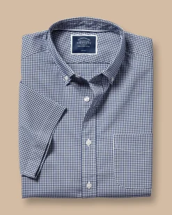 Best Charles Tyrwhitt Button-Down Collar Non-Iron Stretch Mini Gingham Short Sleeve Shirt - French Blue
