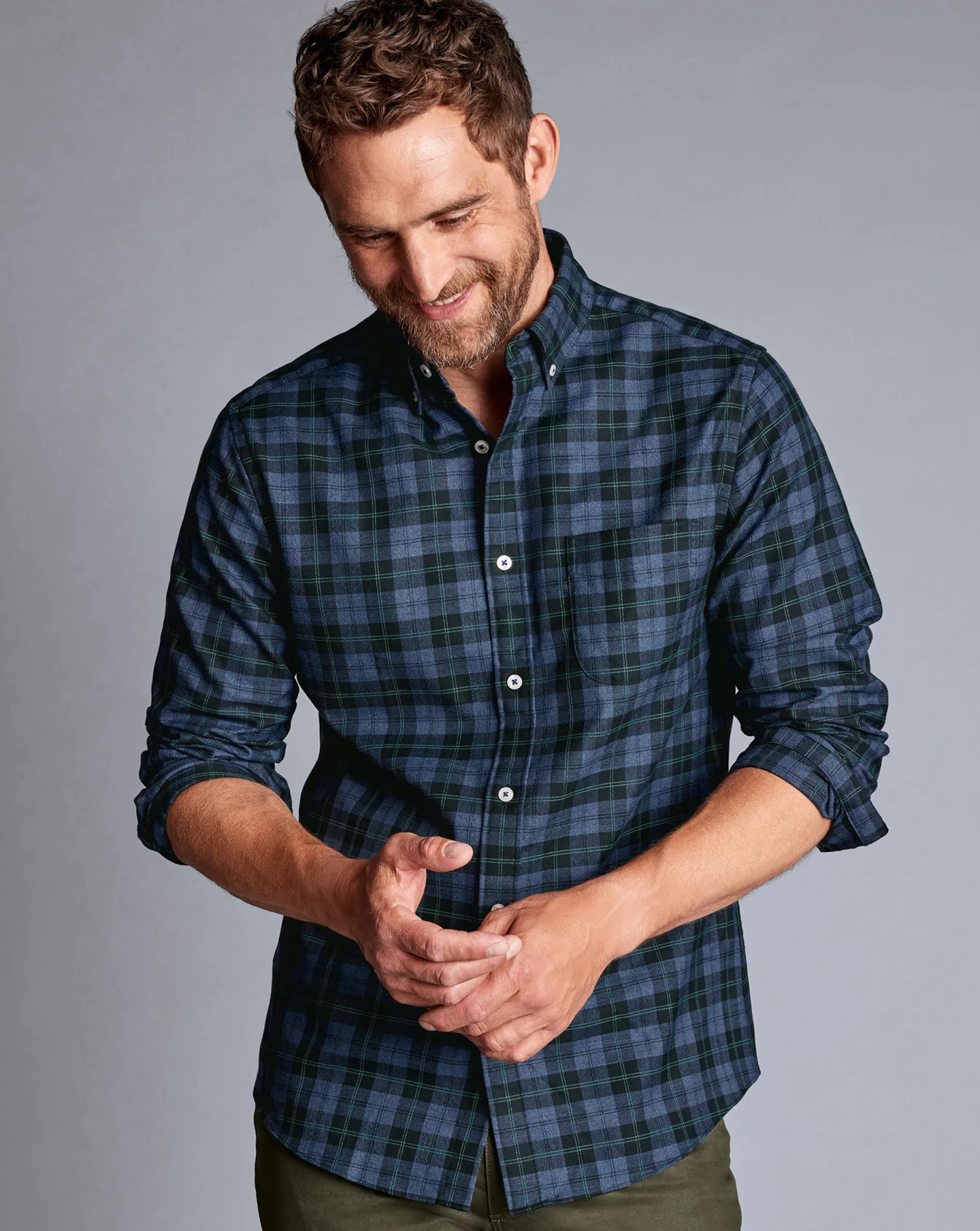 Outlet Charles Tyrwhitt Button-Down Collar Non-Iron Twill Overcheck Shirt - Green